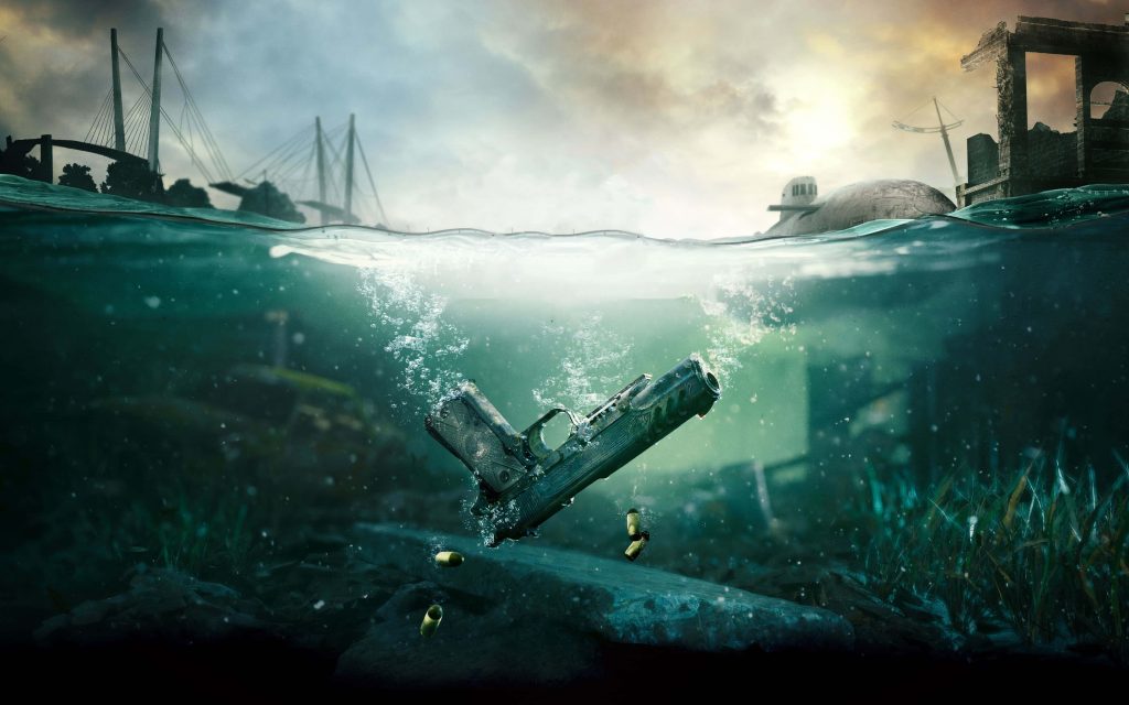 Metro Exodus 4K wallpaper pistol submerged in murky water with shells bubbles submarine and ruins
