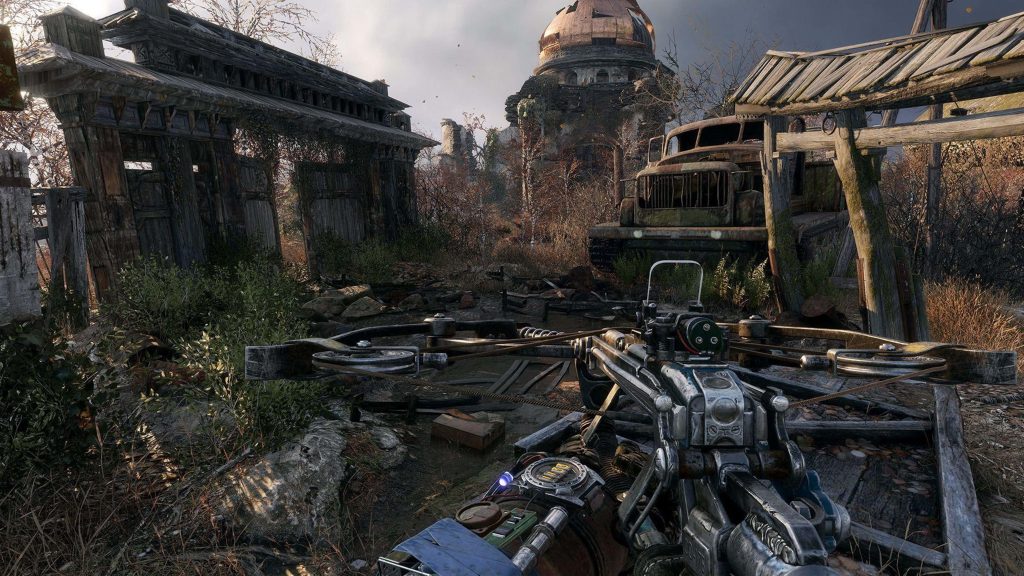 First-person view with tactical crossbow in rusted ruins Metro Exodus 4K wallpaper background