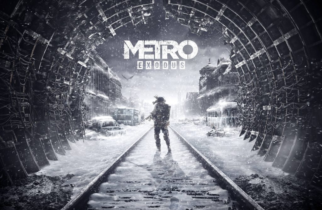 Artyom walking on icy tracks into snowy post-apocalyptic city Metro Exodus cinematic wallpaper