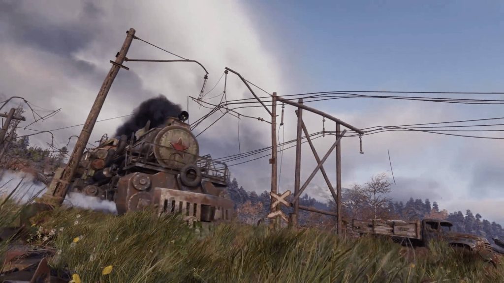 Metro Exodus CGI wallpaper Aurora steam train red star tall grass power lines post-apocalyptic