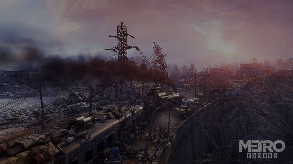 Metro Exodus CGI wallpaper Aurora train crossing desolate landscape at cinematic sunset dusk
