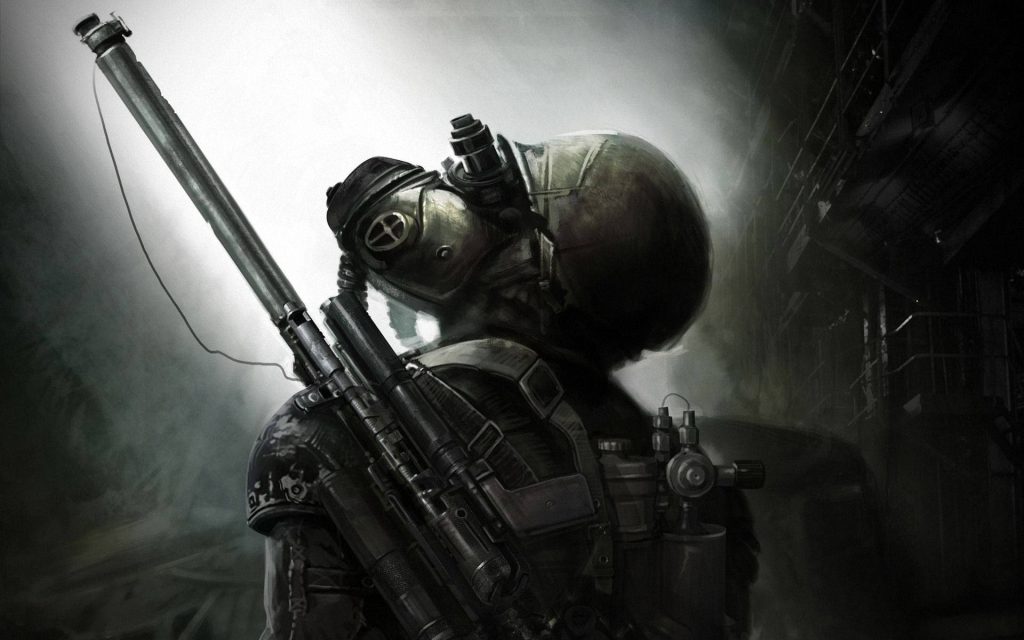 Lone survivor in gas mask and tactical gear in dark post-apocalyptic Metro Exodus landscape Wallpaper