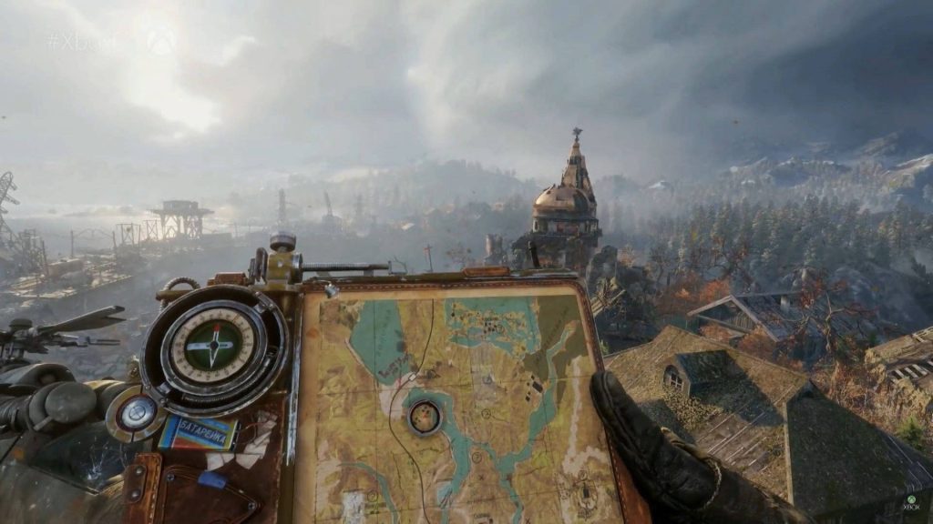 Metro Exodus first-person view Artyom with map compass in ruined town golden-domed church Wallpaper