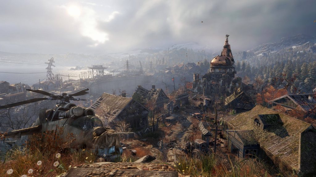 Post-apocalyptic Metro Exodus wallpaper crashed helicopter ruined village snowy mountains dam