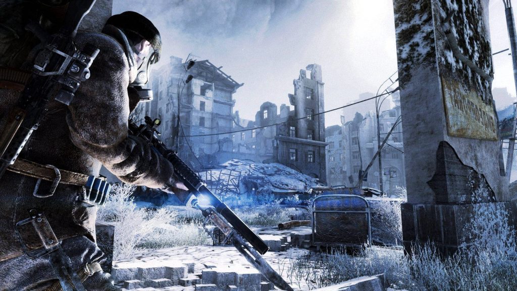 Battle-hardened soldier in gas mask surveys snow-covered ruins in Metro Exodus wallpaper background