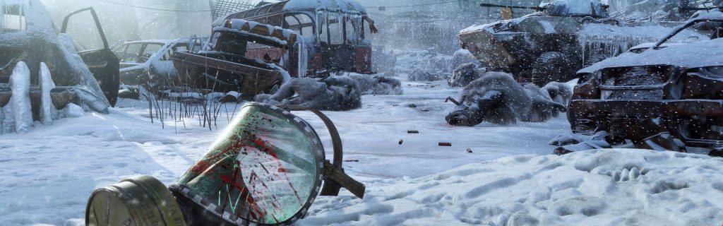 Blood-stained gas mask in frozen wasteland with mutants and rusted wreckage Metro Exodus wallpaper