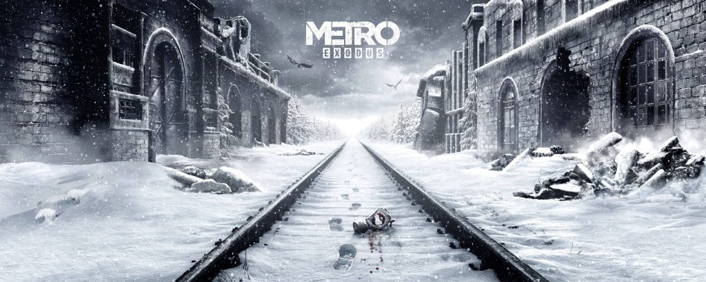 Moody Metro Exodus wallpaper bleak winter post apocalypse snowy railway bloodied gas mask