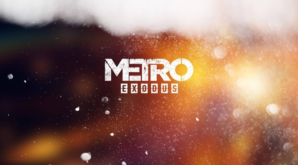 Metro Exodus wallpaper with distressed logo snowy winter scene glowing orange lens flare