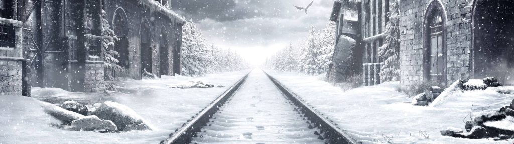 Snow-covered train tracks through ruined buildings and frozen forest with winged mutant flying Wallpaper