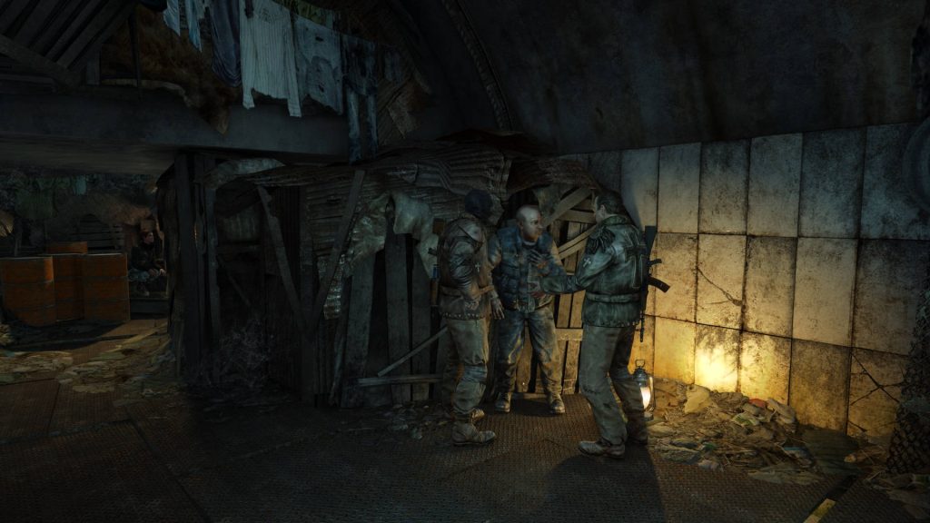 Metro Last Light 3D wallpaper with survivors in dimly lit industrial subway shelter lantern light