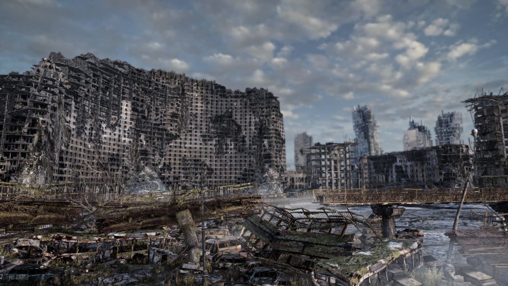 Desolate Metro Last Light apocalyptic cityscape with crumbling skyscrapers and overgrown debris Wallpaper