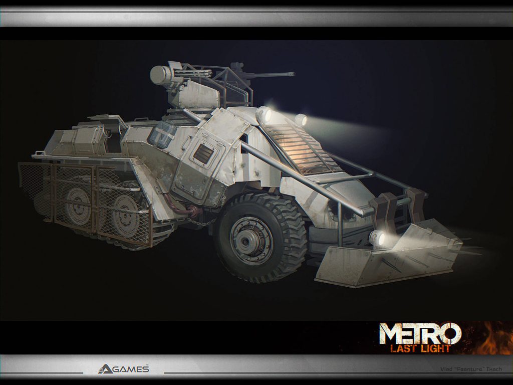 Metro Last Light armored scout vehicle in post-apocalyptic wasteland with glowing headlights Wallpaper