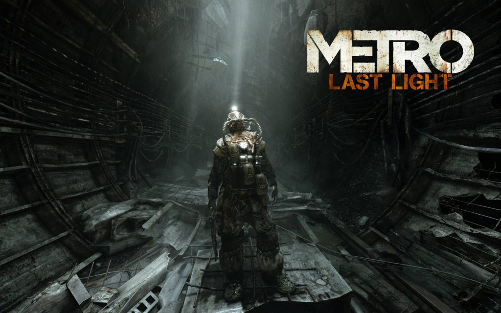 Artyom in gas mask stands in dark debris subway tunnel Metro Last Light CGI wallpaper background