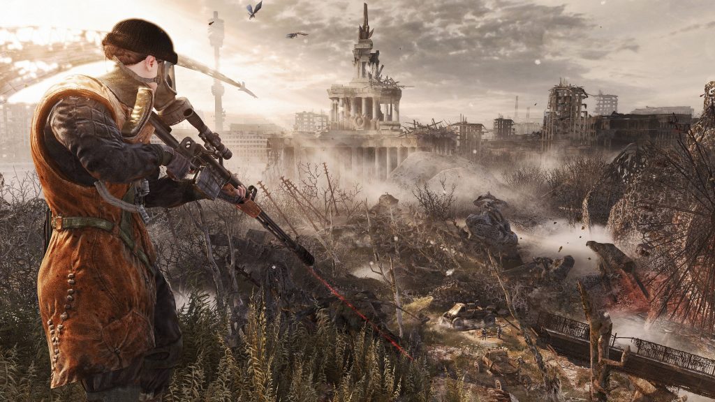 Artyom with gas mask aiming rifle in post-apocalyptic Moscow ruins Metro Last Light wallpaper