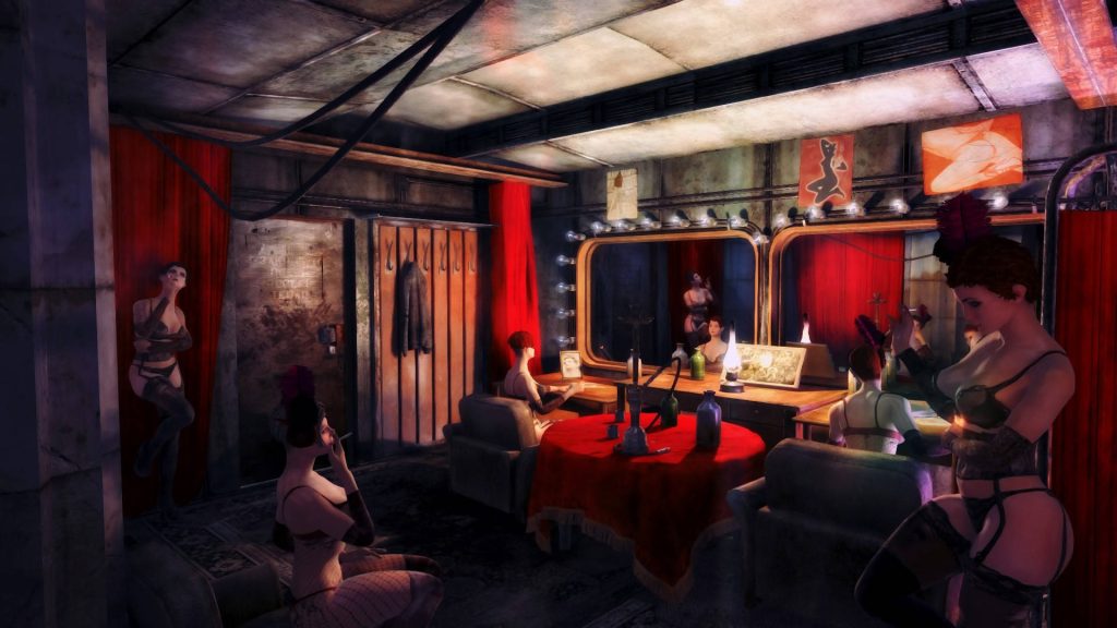 Dimly lit Metro Last Light brothel dressing room CGI with vintage mirrors and moody red light Wallpaper