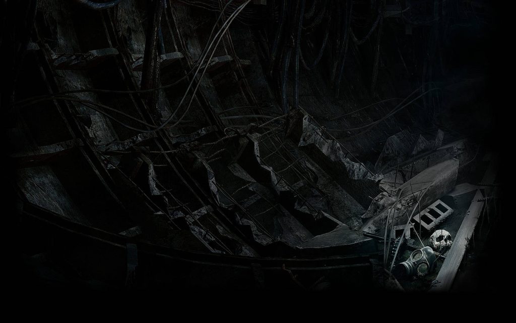 Human skull and worn gas mask in dark underground tunnel debris Metro Last Light wallpaper