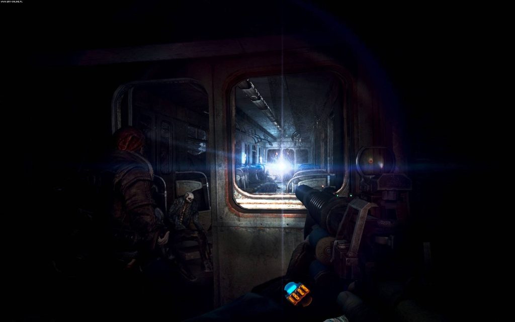 First-person view Metro Last Light survivor with custom rifle in dark derelict subway train Wallpaper