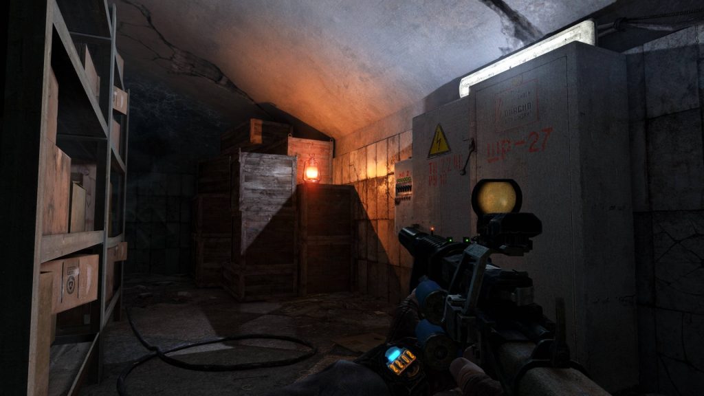 First-person view in Metro Last Light FPS game holding custom gun in dark industrial tunnel Wallpaper