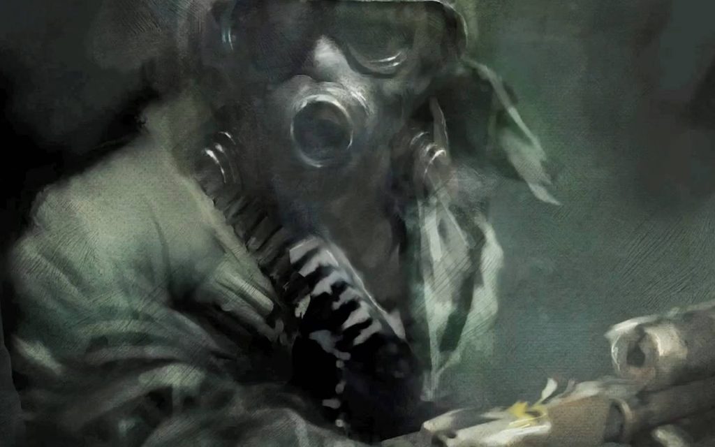 Fanart wallpaper of Metro Last Light survivor in tactical gas mask dark post apocalyptic scene
