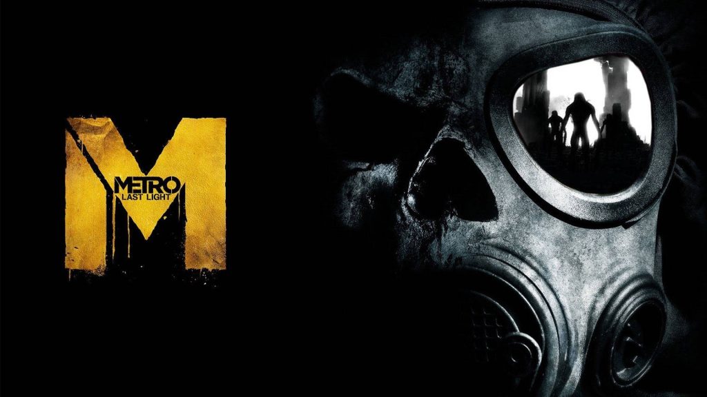 Close-up of distressed gas mask with survivor reflection Metro Last Light yellow logo wallpaper