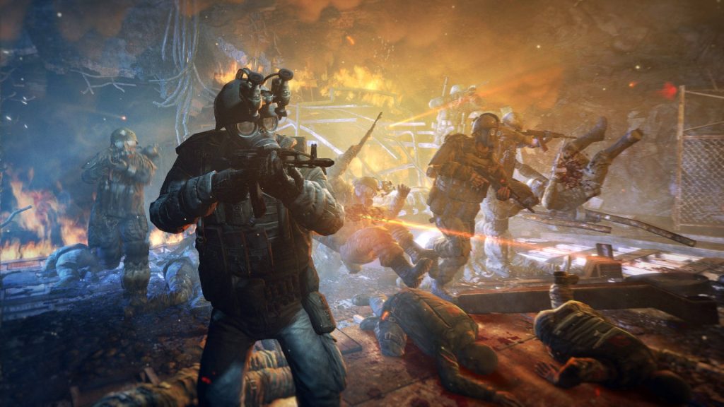 Metro Last Light intense firefight in post-apocalyptic tunnel soldiers gas masks explosions Wallpaper