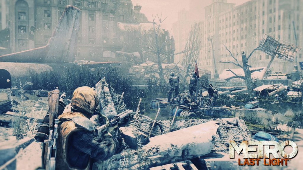 Post-apocalyptic soldier surveys ruined snowy city while survivors navigate swamp raft Metro Last Light Wallpaper