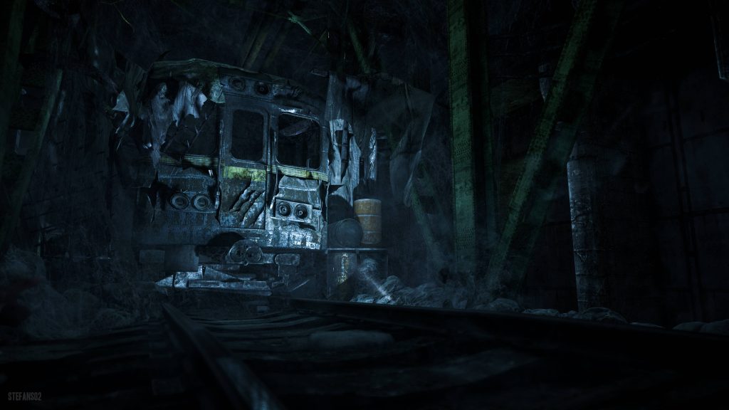 Haunting Metro Last Light wallpaper with abandoned subway car in dark cobweb-filled tunnel
