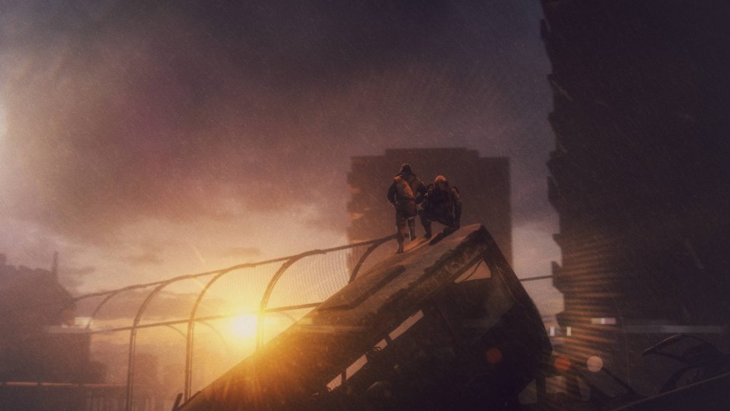Metro Last Light digital art two survivors on wrecked vehicle golden sunset post apocalyptic scene Wallpaper