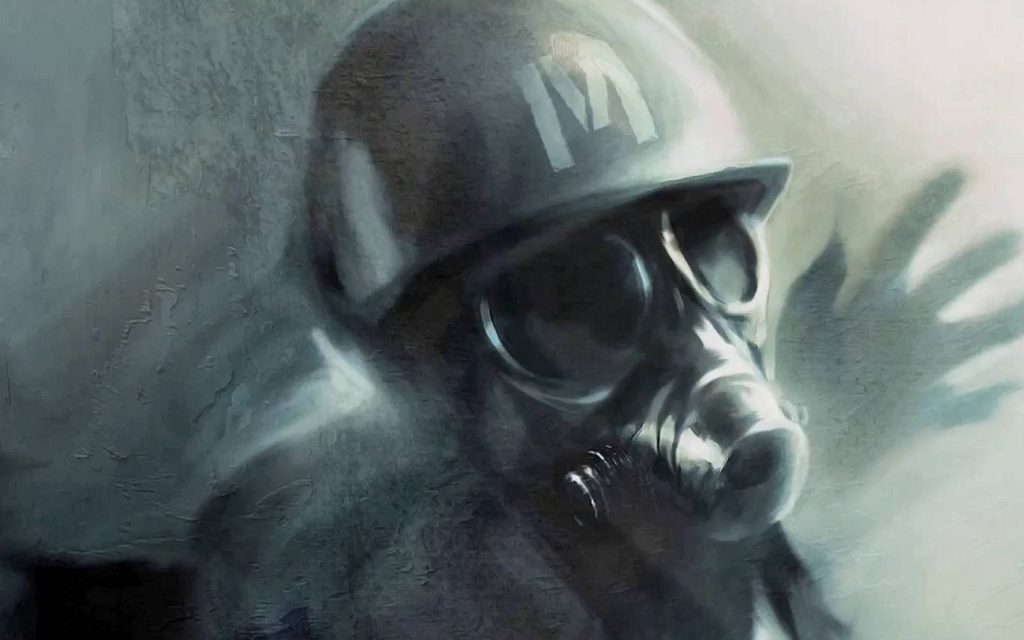 Post-apocalyptic Metro Last Light Ranger in gas mask and Spartan helmet digital art wallpaper