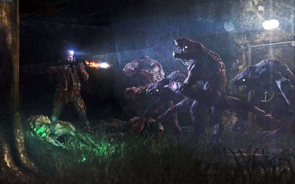 Metro Last Light digital art soldier fighting mutants in dark underground tunnel with muzzle flashes Wallpaper
