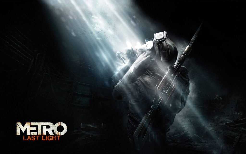 Heavily geared soldier in gas mask holding rifle dark gritty Metro Last Light post-apocalyptic wallpaper