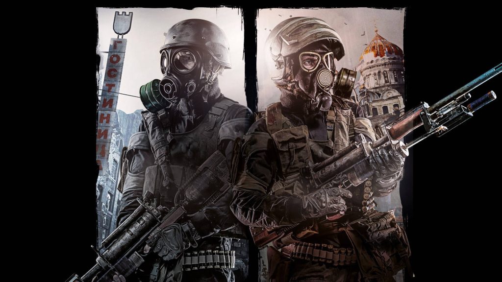 Metro Last Light wallpaper featuring two Spartan Rangers in gas masks with ruined Moscow cityscape