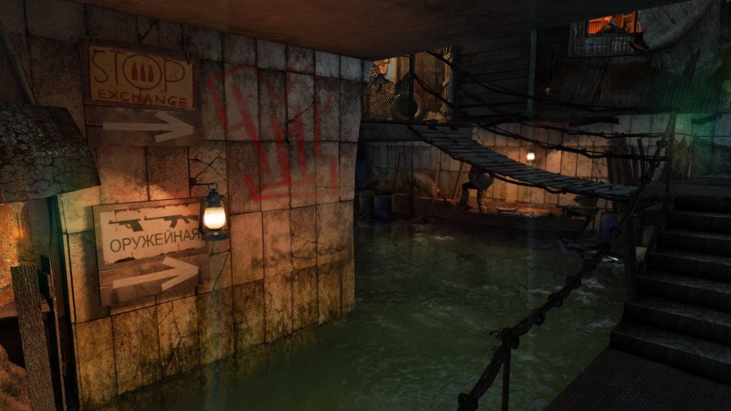 Metro Last Light submerged subway tunnel with warm lanterns and post-apocalyptic Armory sign Wallpaper