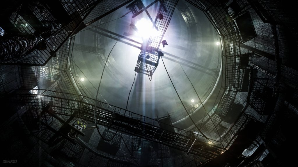 Post apocalyptic industrial shaft with metal catwalks and cage elevator lit by ethereal light Wallpaper