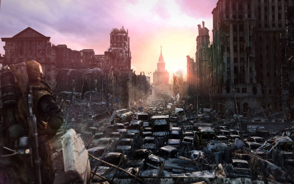 Survivor overlooking post-apocalyptic Moscow ruins with Stalinist skyscraper at sunset wallpaper