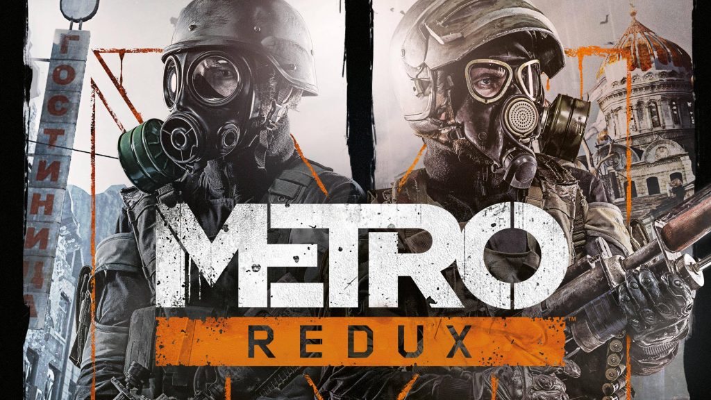 Two armed soldiers in gas masks in a ruined Moscow setting Metro Redux post-apocalyptic wallpaper