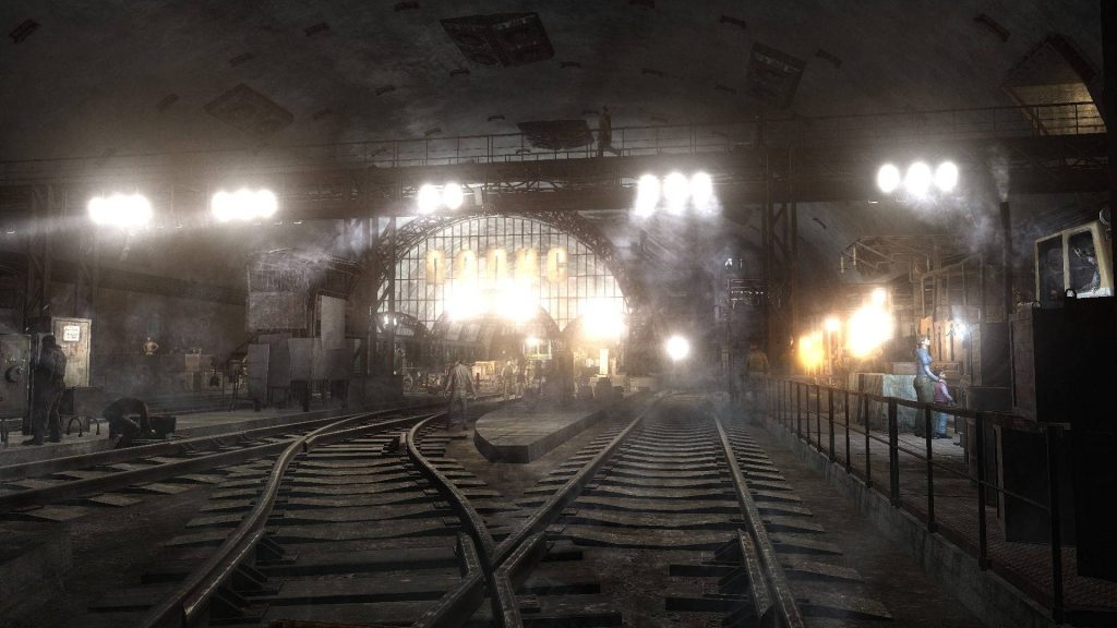 Polis station Metro wallpaper with train tracks hazy lighting and Cyrillic signs dark underground