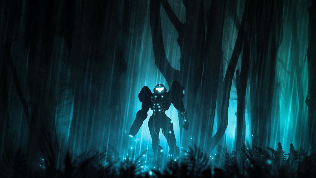 Eerie Metroid Dread Wallpaper: Iconic Suit in Glowing Forest