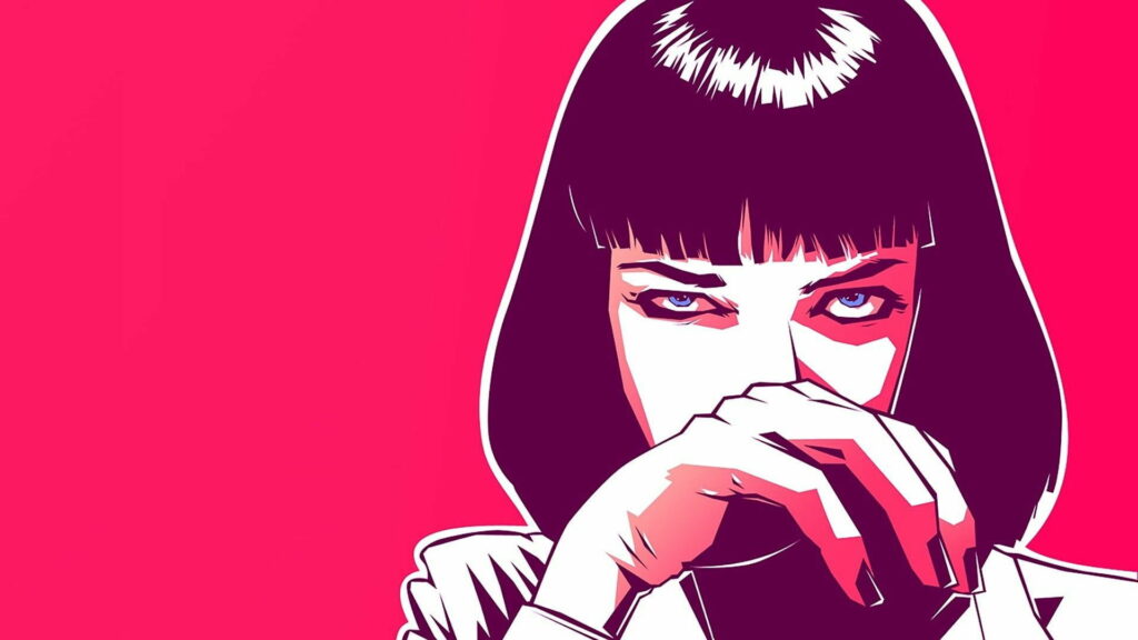 Pop Art Femme Fatale: Glamorous Mia Wallace in Pulp Fiction Tribute Wallpaper