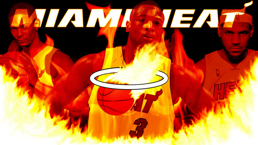 Miami Heat basketball players amid fiery flames with bold team logo dynamic energy wallpaper