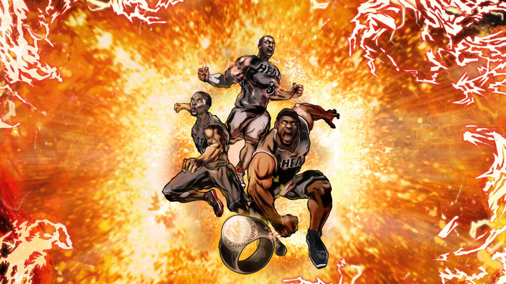 Miami Heat Big Three dynamic 4K wallpaper fiery explosion background basketball legends energy