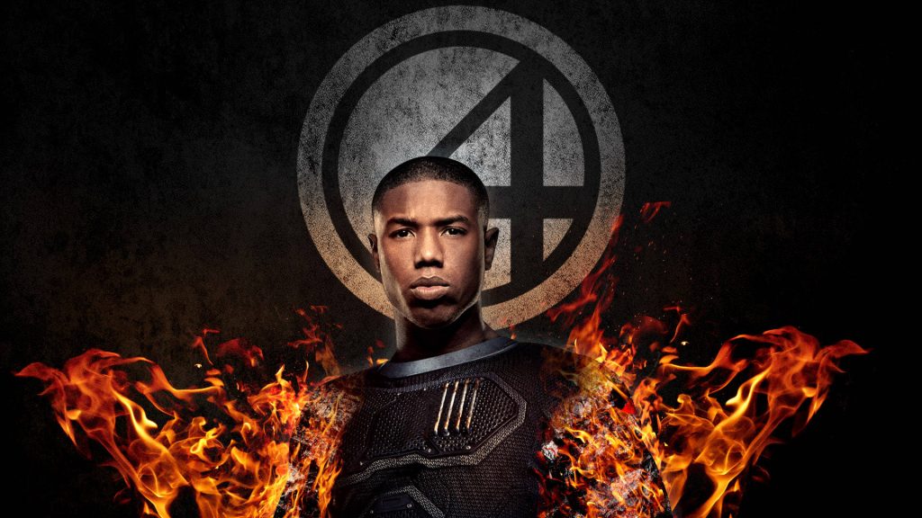 Michael B Jordan as Human Torch flames dark suit cinematic Fantastic Four wallpaper background