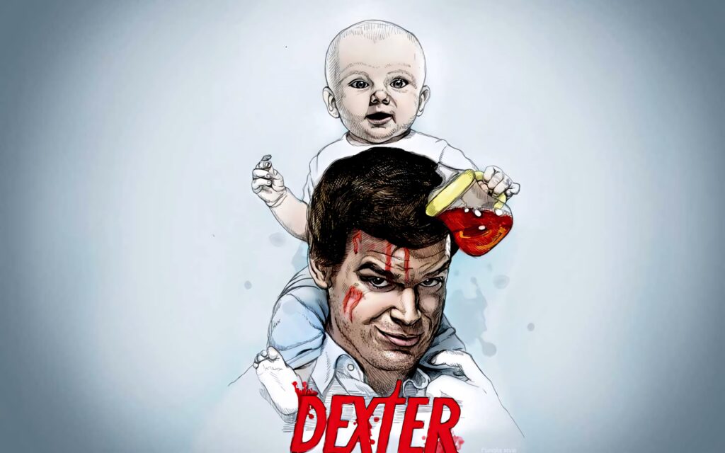 Michael C Hall as Dexter Morgan with baby blood spatters dark humor digital painting wallpaper