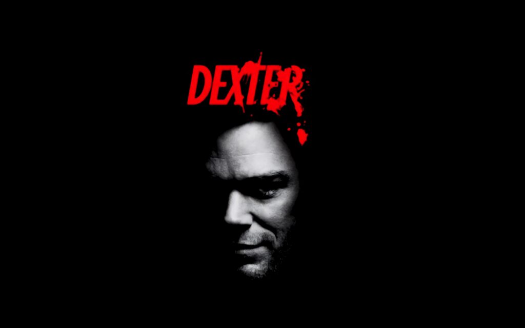 Michael C Hall as Dexter Morgan black and white wallpaper with red suspenseful text background