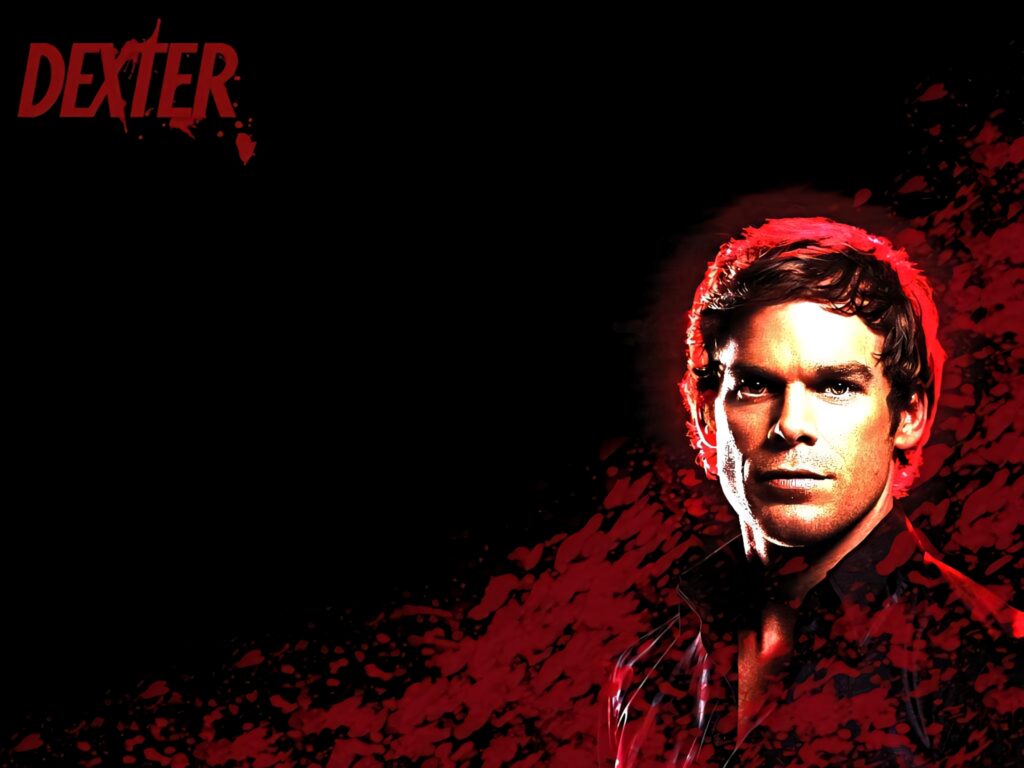 Michael C Hall as Dexter Morgan wallpaper with red splatters on black background dark intense