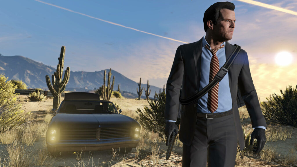 Desert Mayhem: Michael De Santa Takes on GTA 5's Wild West Wallpaper