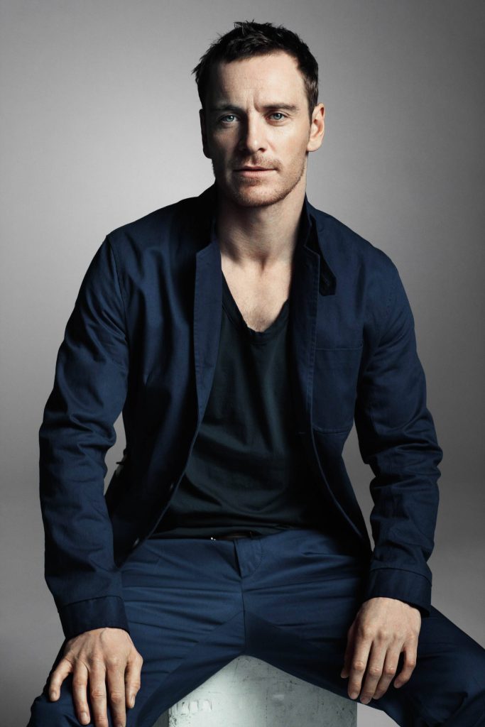 Michael Fassbender studio portrait navy blazer dark t-shirt minimalist grey background wallpaper