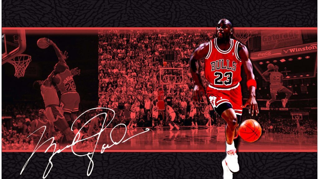 Michael Jordan Chicago Bulls #23 dynamic collage wallpaper red basketball legend action signature