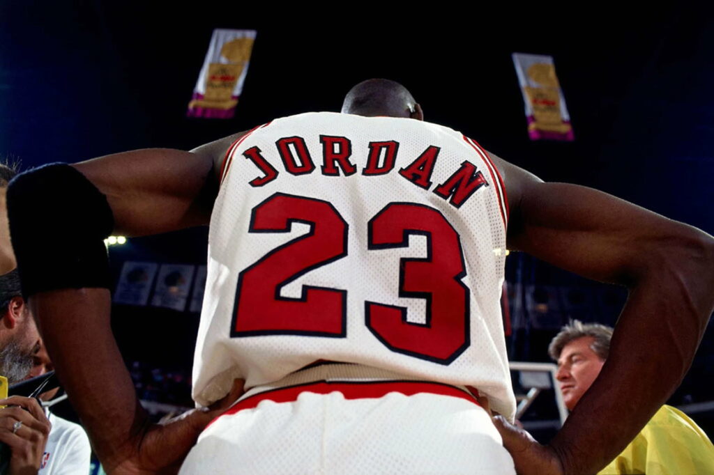 Close-up rear view of Michael Jordan in white No 23 Chicago Bulls jersey intense NBA legend wallpaper