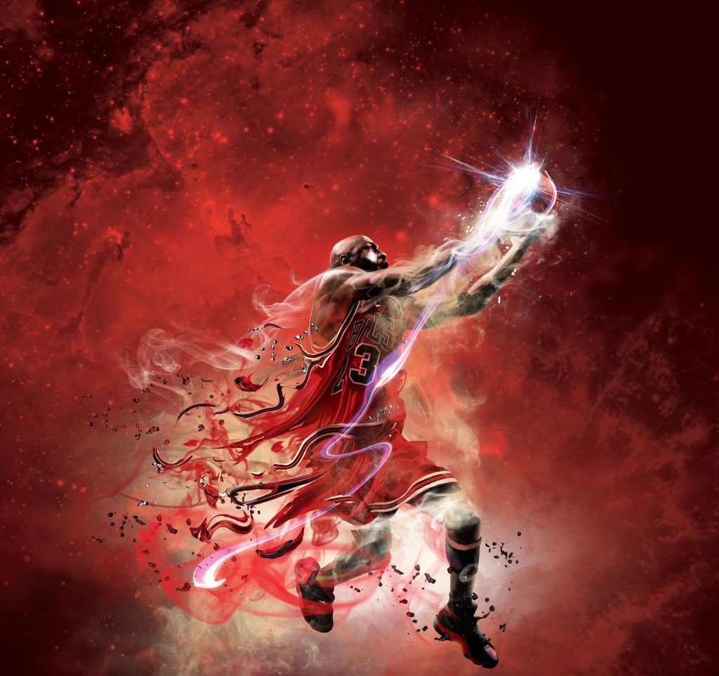 Michael Jordan dunking in Bulls jersey cosmic red background digital art wallpaper